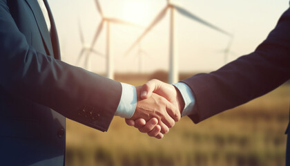 Cropped Close-Up of a Handshake Between Two Businessmen Against a Backdrop of Wind Turbines