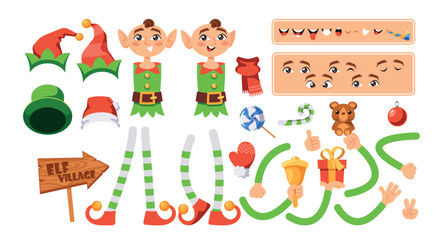 Cartoon Christmas Elf Character Construction Kit With Body Parts, Festive Costume, Face Emotions, And Holiday Presents