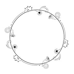Abstract Black Simple Line Round Circle With Leaf Leaves Frame Flowers Doodle Outline Element Vector Design Style Sketch Isolated Illustration For Wedding And Banner