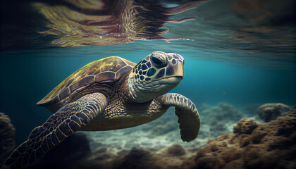 Green Sea Turtle Cruising in the warm waters of the Pacific Ocean, Ai generated image