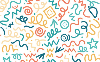Fun colorful abstract line doodle shape set. Creative minimalist style art symbol collection for children or party celebration with modern shapes. Simple upbeat childish drawing scribble decoration. 