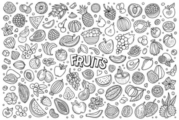 Cartoon Fresh Fruits objects and symbols doodle set