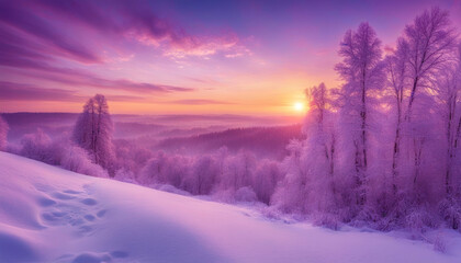 Winter Panorama Landscape with Snow-Covered Forest and Sunrise