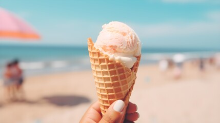 Une glace à la fraise au bord de la mer