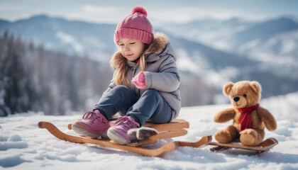 Child with Toy Teddy Bear on Sled, Winter Snowy Mountains