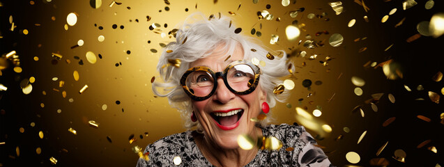 Eccentric elderly granny excited and celebrating New Year's eve countdown to midnight with gold tinsel confetti - obrazy, fototapety, plakaty
