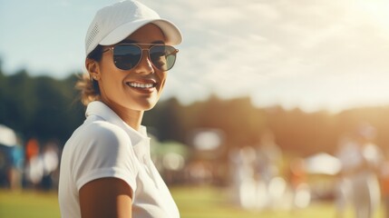 Fototapeta na wymiar Beautiful professional woman golfer wearing sport wear in golf tournament on beautiful green course.