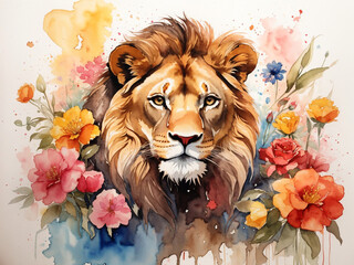 Watercolor illustration of lion surrounded by flowers and splashes of watercolor paint