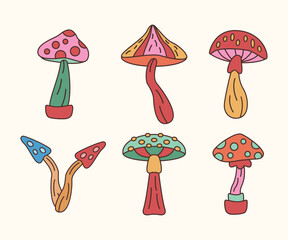 set of mushrooms groovy colorful style design templates icon sticker