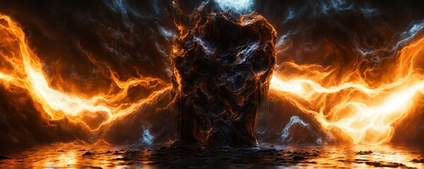 flames are rising from a rock in a dark room