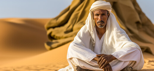 Mature berber man in traditional clothing sitting on sand dune in desert during daylight