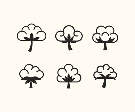 white cotton flower plant garden simple line art minimal modern style icon design set