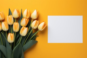 Greeting card or invitation mockup with yellow tulip flowers on clear orange background. Mockup with white card. Flat lay, top view with copy space