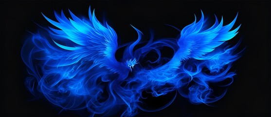 Blue phoenix on plain black background from Generative AI