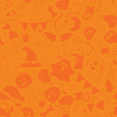 Seamless halloween pattern on orange background. Halloween Happy holiday. Vector illustration.
