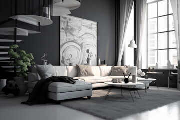 Modern minimalism style drawing-room interior with monochrome color palette
