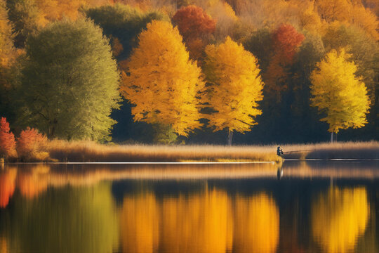 Someone casting a fishing rod on a serene autumn lake © Zen