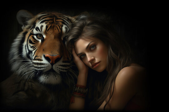 Image of beautiful woman and big tiger expressing friendship. Animal. Illustration, Generative AI..