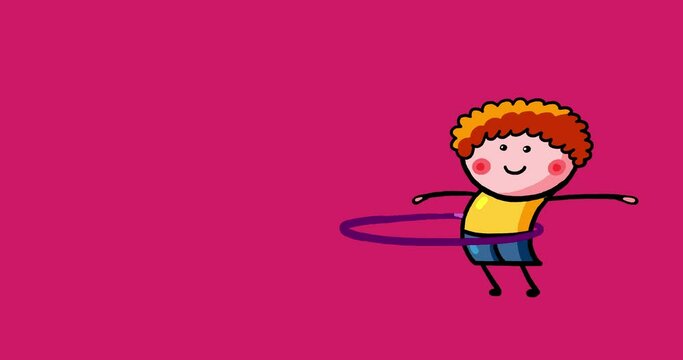 Cartoon kid character animated  color Peter boy isolated hula hoop loop longer play. Moving child serie transparent. Useful content presenter no background.