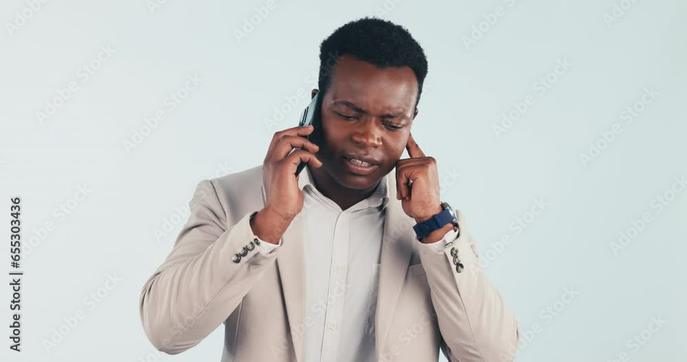Poster phone call, signal problem and black man in studio with connection, network service and mobile issue