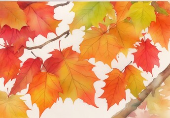 Naklejka na ściany i meble Watercolor banner of autumn leaves and branches isolated on white background. Autumn illustration for invitations, or greeting cards