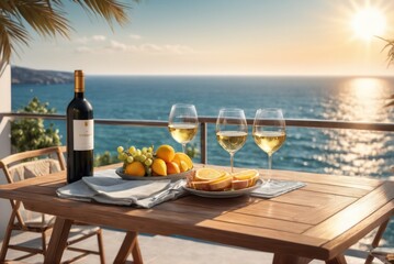 Table on a terrace with two glasses of wine, fruits, sunshine, summer vibes vacation, sea in the background. Served table on a luxury villa with sea view - obrazy, fototapety, plakaty