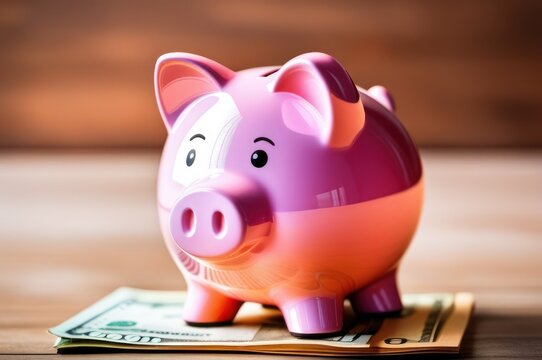 Piggy bank. Pink piggy bank or piggybank on table with banknotes near it. Saving concept for save money. United States of America banking. Investment your money in business