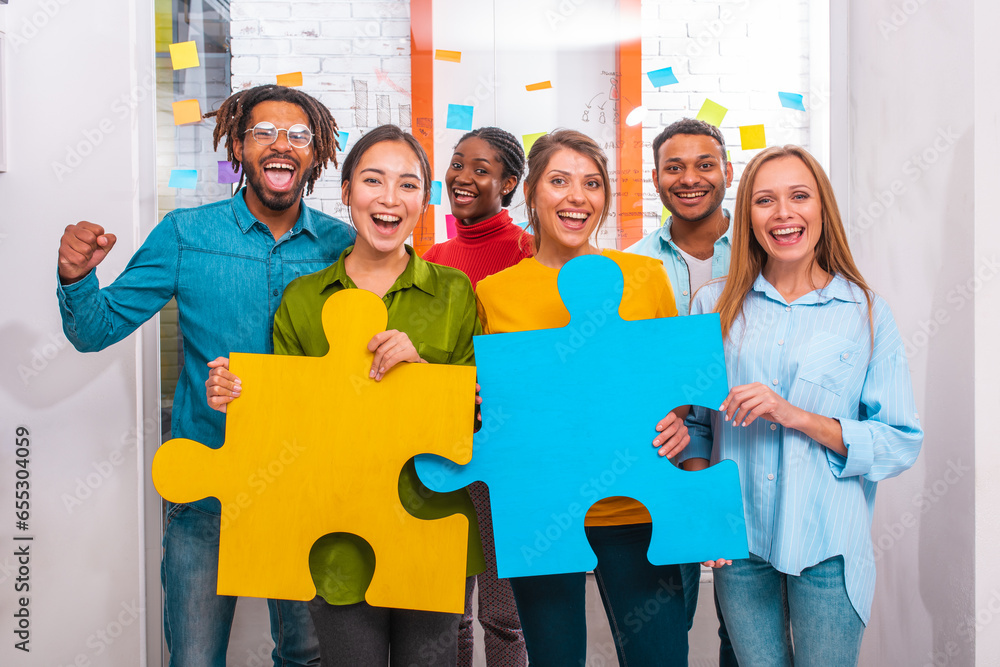Poster teamwork of partners that work with puzzle as integration and startup concept