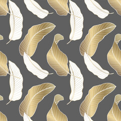 Tropical luxury seamless pattern with gold and white banana leaves on a dark gray background. Vector pattern for children's and women's textiles, wrapping paper, wallpaper, covers.