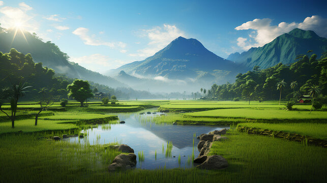 a potrait of large ricefield, with mountain background