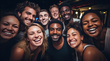 In a bustling city, diverse individuals from various countries and races come together, their faces glowing with genuine joy. Sharing a moment of clarity and love, they pose as a symbol of unity and e - obrazy, fototapety, plakaty
