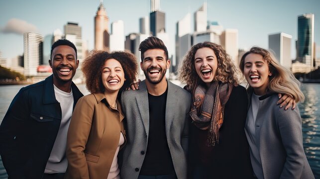 In a bustling city, diverse individuals from various countries and races come together, their faces glowing with genuine joy. Sharing a moment of clarity and love, they pose as a symbol of unity and e