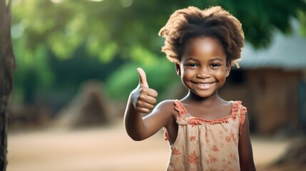 little African girl showing thumb up outdoor - obrazy, fototapety, plakaty