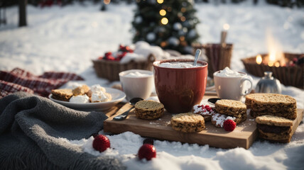 Obraz na płótnie Canvas Cozy Winter Picnic Scene with Blanket, Hot Cocoa, and Festive Treats Surrounded by Snow - Generative AI