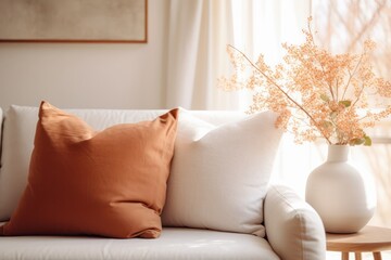 modern living room, sofa with white and terra cotta pillows - obrazy, fototapety, plakaty