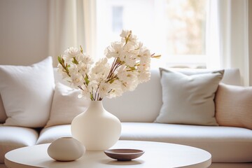 white peonies flowers put in vase in living room, interior and home decor - obrazy, fototapety, plakaty