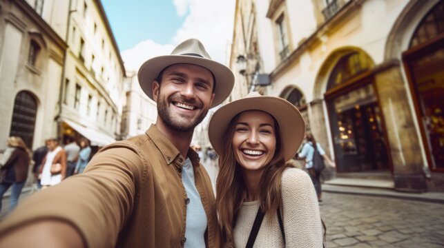 happy couple making selfie portrait with smartphone