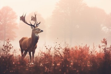 Red deer stag in the autumn field. Noble deer male. Beautiful animal in the nature habitat. Wildlife scene, wild nature landscape. Wallpaper, beautiful fall background with copy space