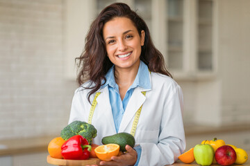 Portrait of smiling female nutritionist with plate of fresh fruits, working at weight loss clinic,...