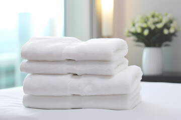 Fototapeta na wymiar Stack of clean soft white terry towels on bed in light room. Laundry service at hotel.