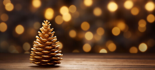 Christmas background with pine cones and bokeh effect on a wooden table. Space for text.