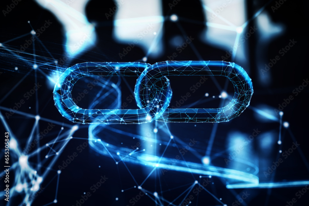 Poster illuminated wireframe of two chain pieces on dark blue background. 3d rendering