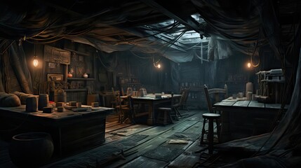 Eerie glimpses inside the legendary Flying Dutchman ghost ship reveal abandoned corridors and ethereal specters, a testament to its cursed voyage. Generative AI.