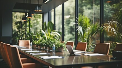 Fototapeta premium Untidy office boardroom interior for corporate meetings and team or training presentations.