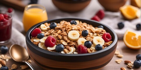 delicious and well decorated acai bowl with fruits, seeds and berries