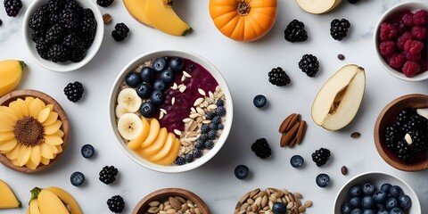 delicious and well decorated acai bowl with fruits, seeds and berries