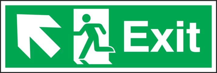 Foto op Plexiglas Exit emergency escape routes running man door arrow direction up left signs. © safetysystem