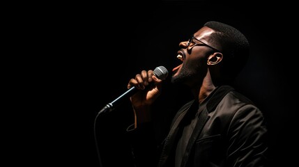 Man Singing Using Mic With Expression in Black Isolated Background