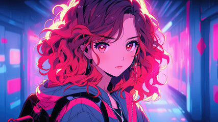 Portrait of a young beautiful woman in a 1980s retro neon colorful poster - Generative AI