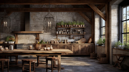 A rustic barn kitchen with reclaimed wood beams, a farmhouse sink, and pendant lights